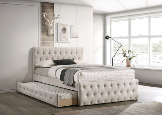 Twin Size Light Brown Platform Bed with Trundle- Burlap Upholstered Tufted Headboard & Footboard
