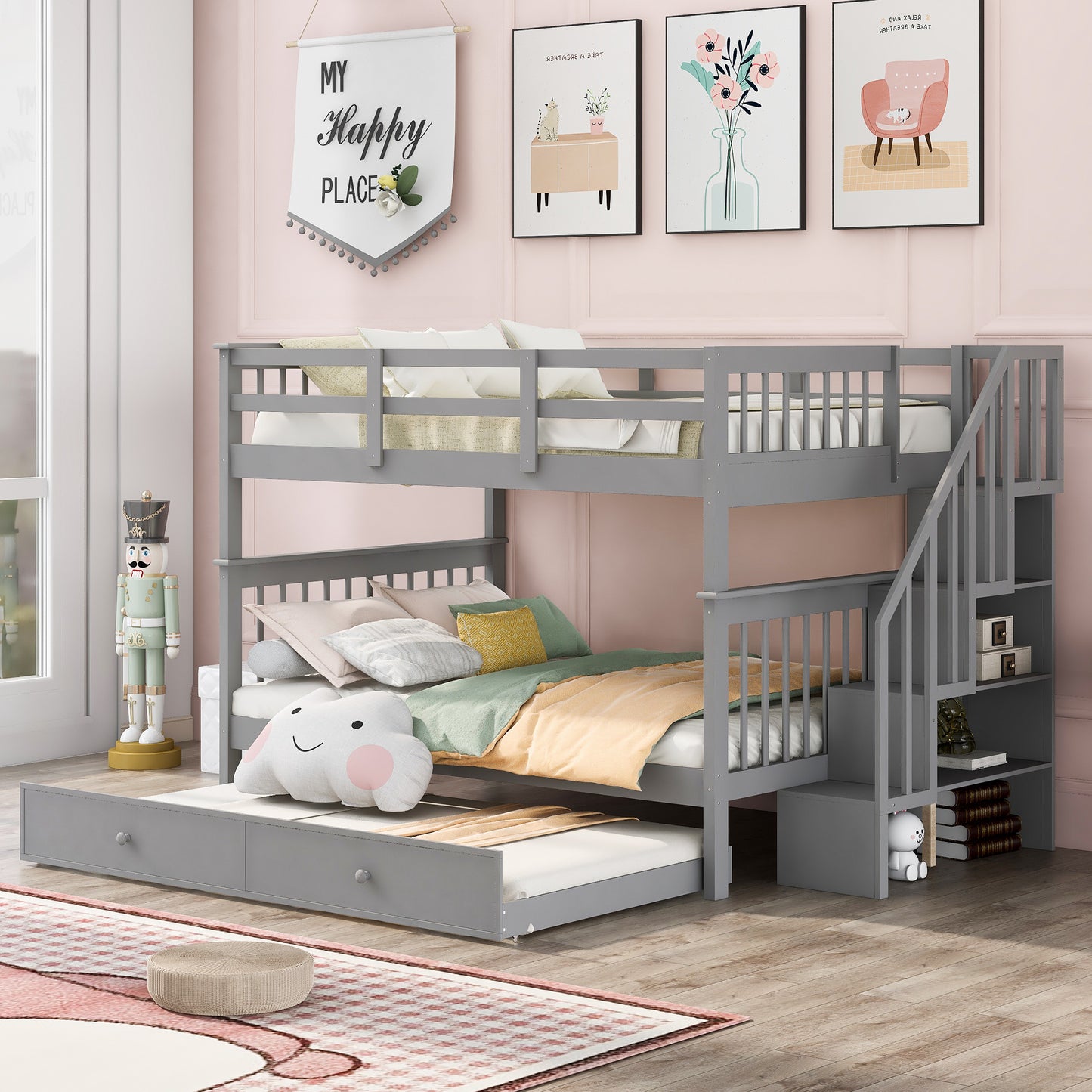 Stairway Full-Over-Full Bunk Bed with Twin size Trundle, Storage and Guard Rail for Bedroom, Dorm - Gray