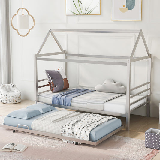 Twin Size Metal House Shape Platform Bed with Trundle,Silver