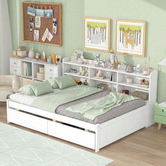 Full Platform Bed with Side Bookcase, Drawers,White