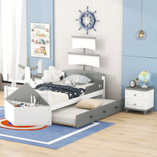 3-Pieces Bedroom Sets,Twin Size Boat-Shaped Platform Bed with Trundle and Two Nightstands,White+Gray
