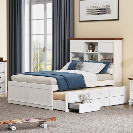 Solid Pine Captain Bookcase Platform Bed with Trundle Bed and 3 Spacious Under Bed Drawers in Casual,Full, White+Walnut