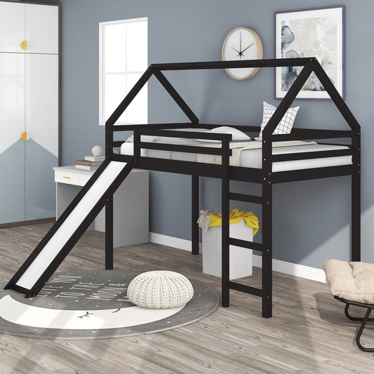 Twin Size Loft Bed with Slide, House Bed with Slide,Espresso