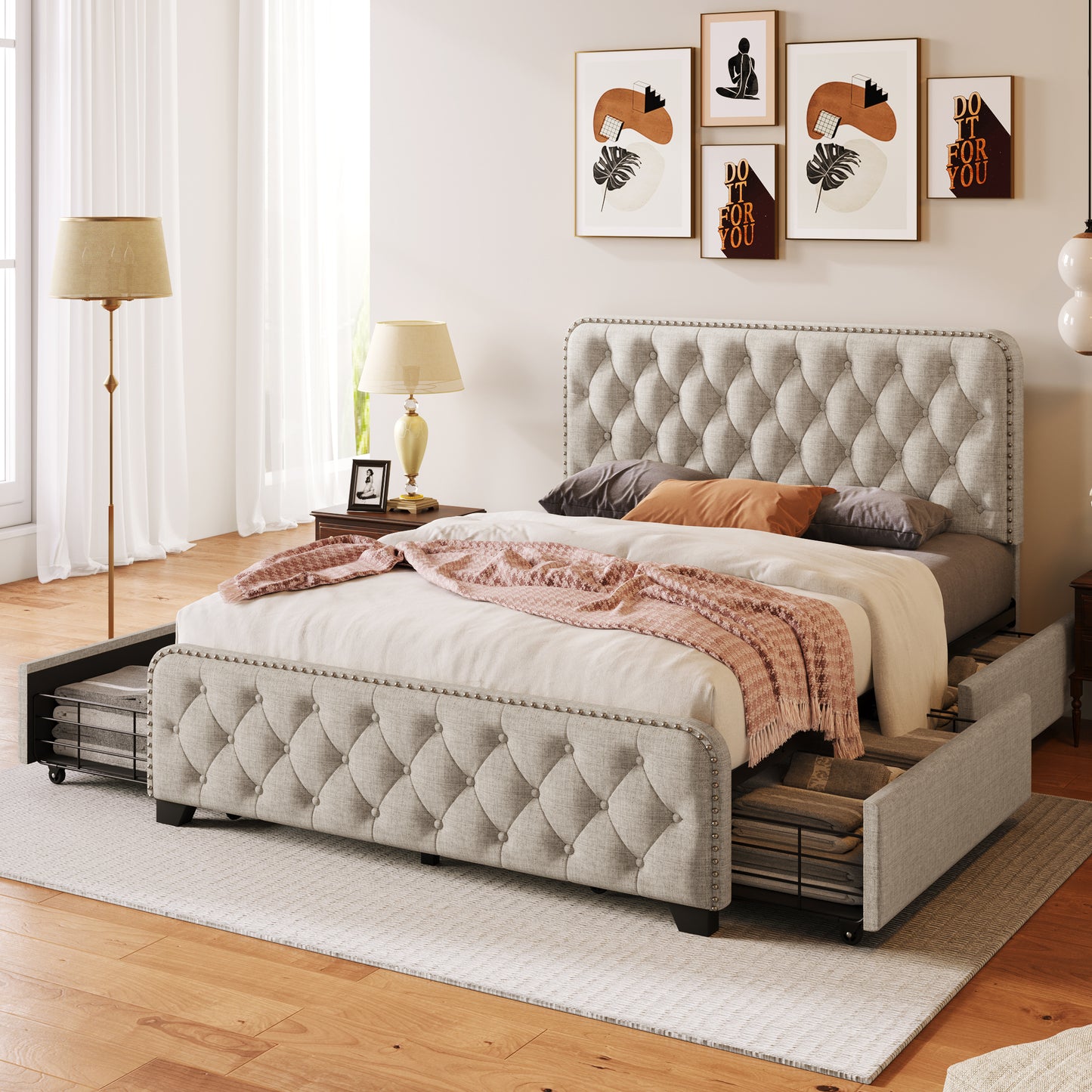 Upholstered Platform Bed Frame with Four Drawers, Button Tufted Headboard and Footboard Sturdy Metal Support, No Box Spring Required, Beige, Full