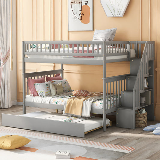 Full over Full Bunk Bed with Trundle and Staircase,Gray