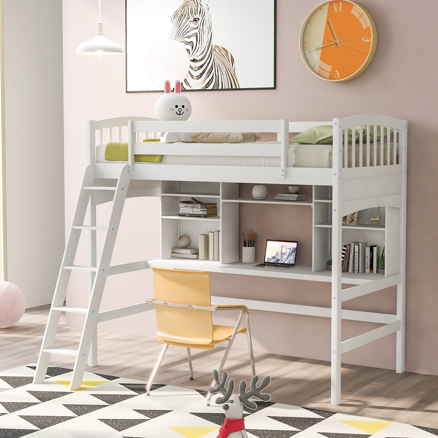Twin size Loft Bed with Storage Shelves, Desk and Ladder, White