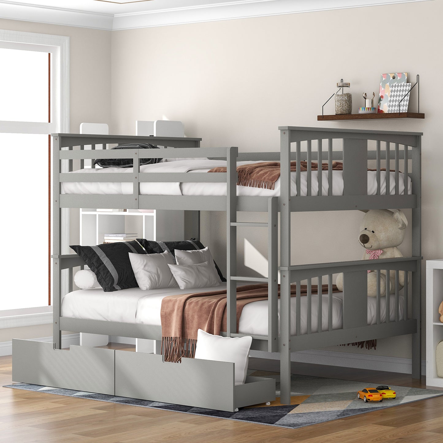 Full over Full Bunk Bed with Drawers and Ladder for Bedroom, Guest Room Furniture-Gray