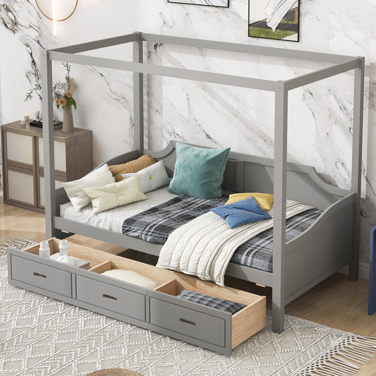 Twin Size Wooden Canopy Daybed with 3 in 1 Storage Drawers,Grey