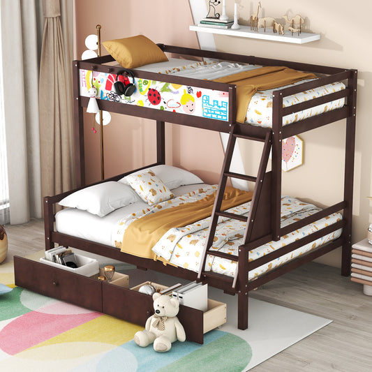 Wood Twin over Full Bunk Bed with Whiteboard, 3 Hooks and 2 Drawers, Espresso