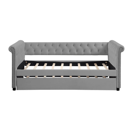 Daybed with Trundle Upholstered Tufted Sofa Bed, with Beautiful Round Armset Design, TWIN SIZE, Grey