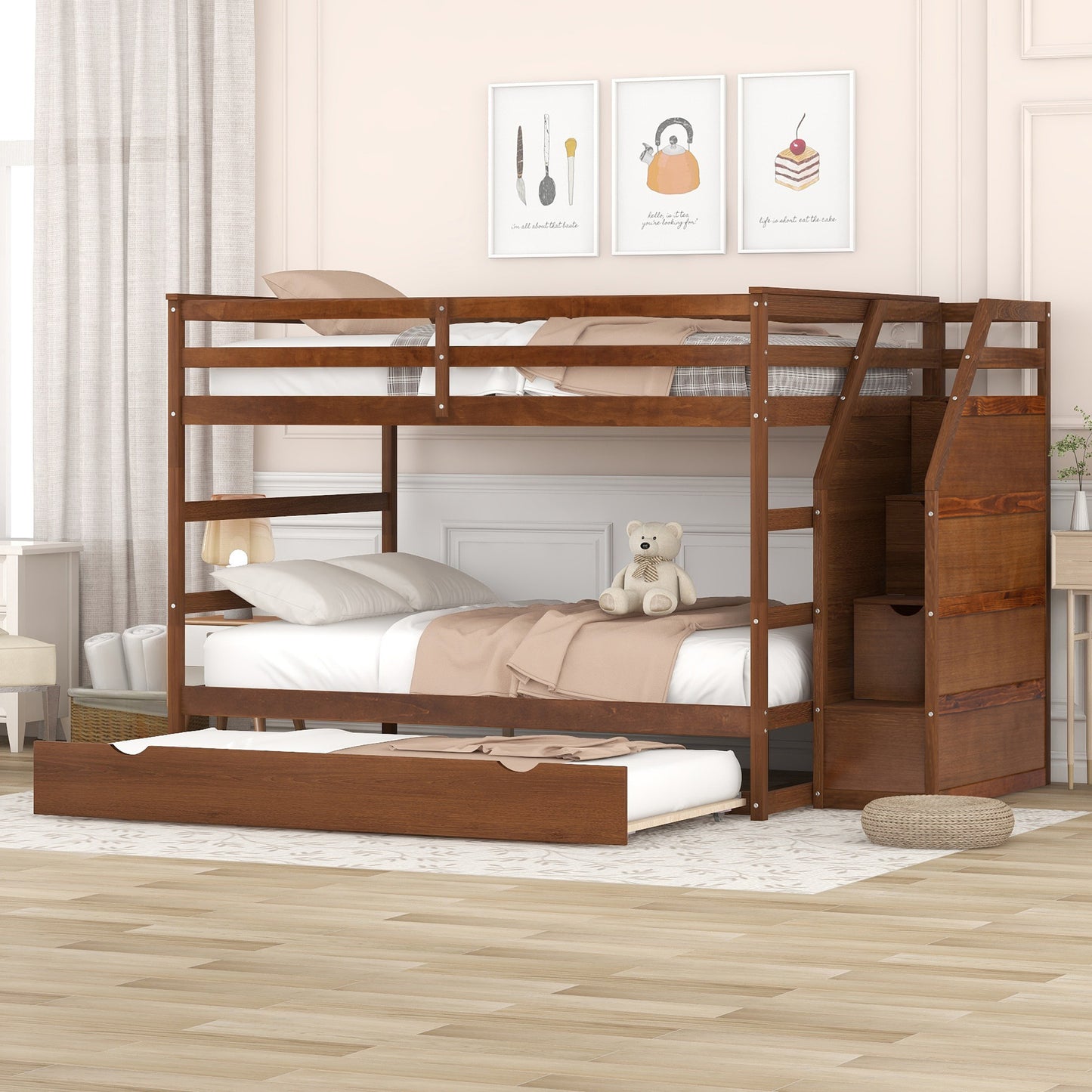 Full-over-Full Bunk Bed with Twin Size Trundle and 3 Storage Stairs,Walnut