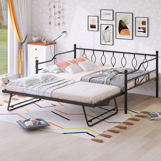 Full Size Metal Daybed with Twin Size Adjustable Trundle, Portable Folding Trundle, Black