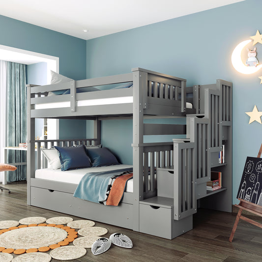 Full Over Full Bunk Bed with Shelves and 6 Storage Drawers, Gray