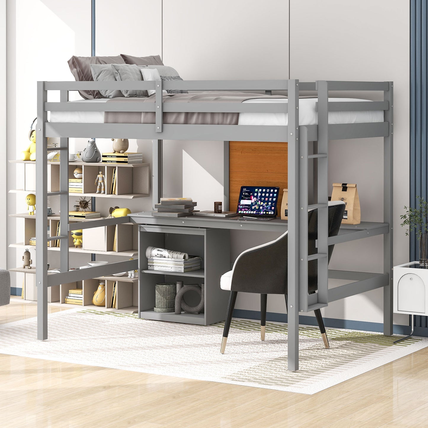 Full size Loft Bed with Desk and Writing Board, Wooden Loft Bed with Desk & 2 Drawers Cabinet- Gray