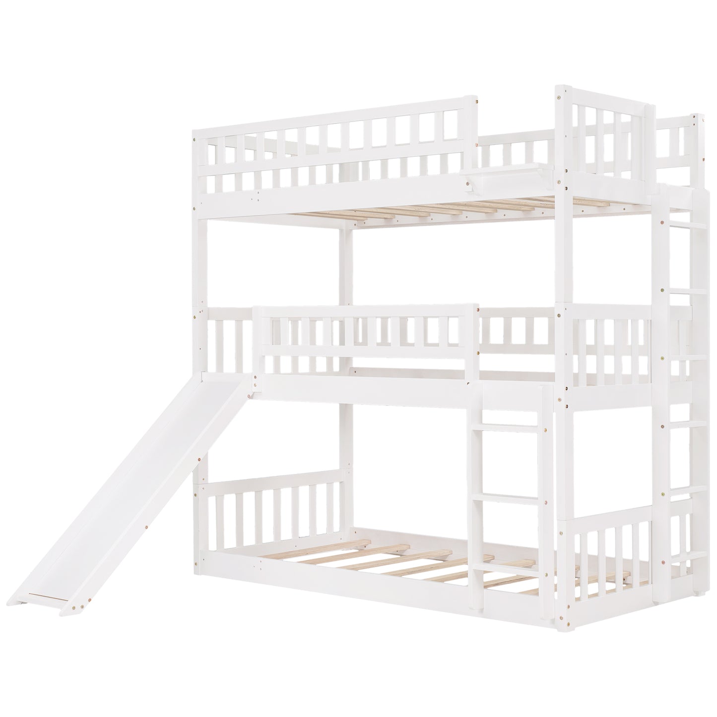 Twin over Twin over Twin White Wood Detachable Triple Bunk Bed with Slide and Ladder