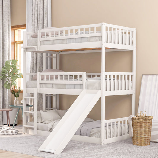 Twin over Twin over Twin White Wood Detachable Triple Bunk Bed with Slide and Ladder