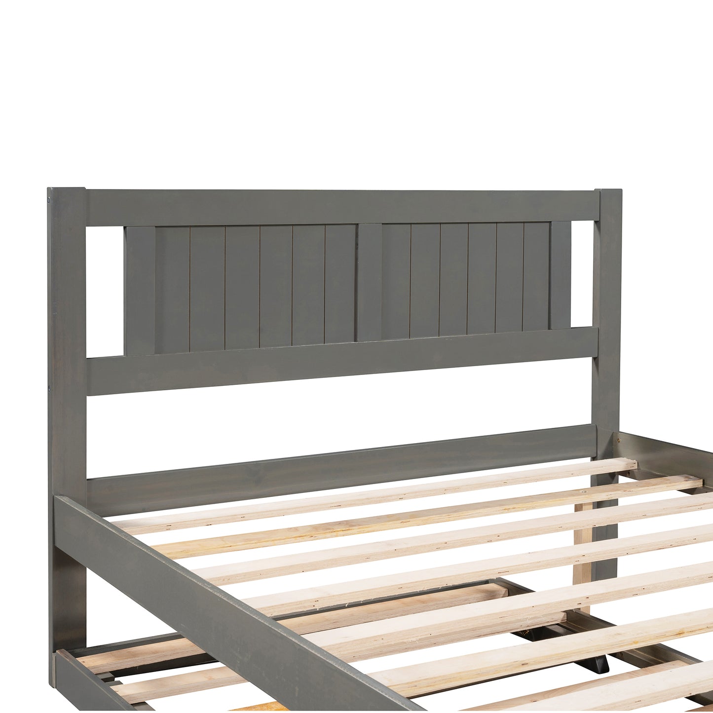 Full Size Gray Wood Platform Bed with Detachable & Adjustable Twin Trundle