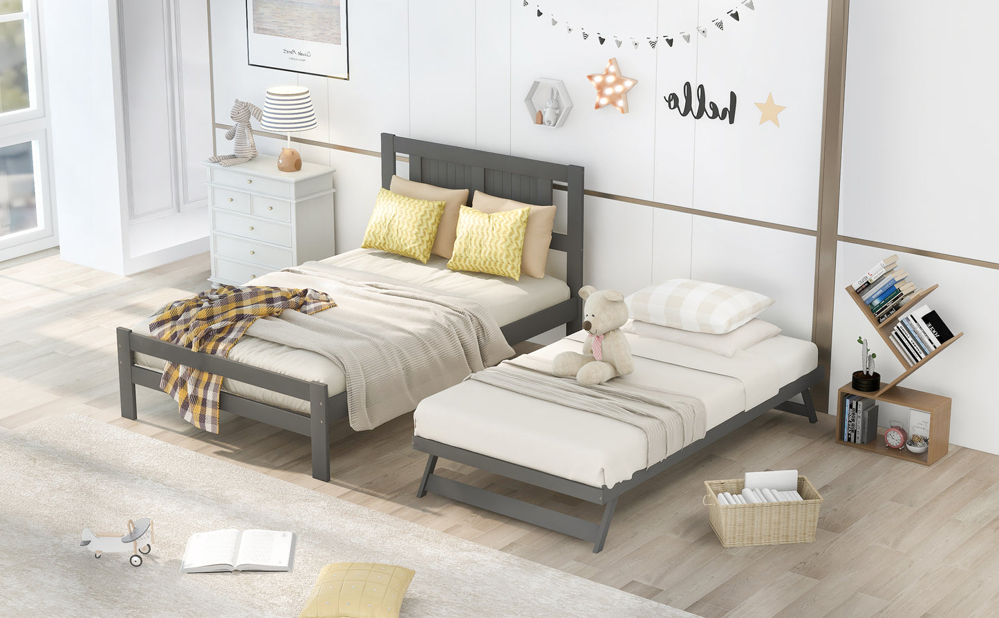 Full Size Gray Wood Platform Bed with Detachable & Adjustable Twin Trundle