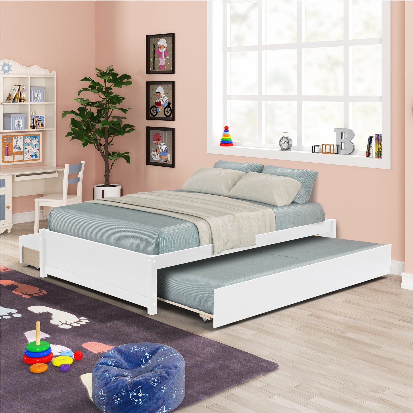 Full Size White Wood Platform Bed with Twin Size Trundle & Two Storage Drawers