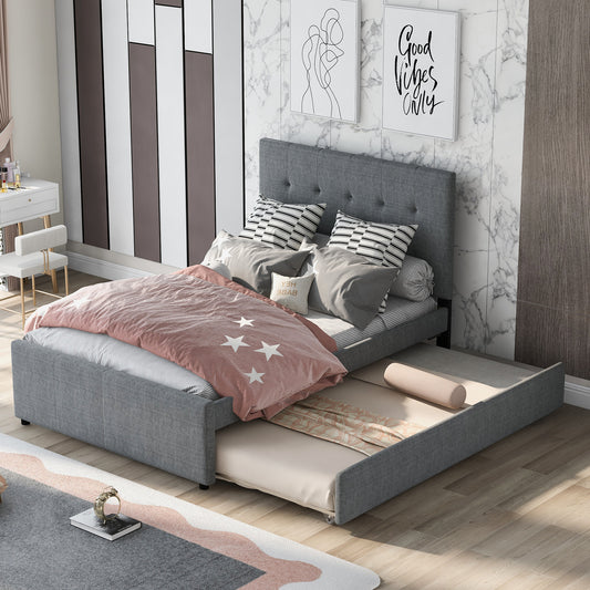 Full Gray Upholstered Platform Bed with Headboard and Twin Trundle