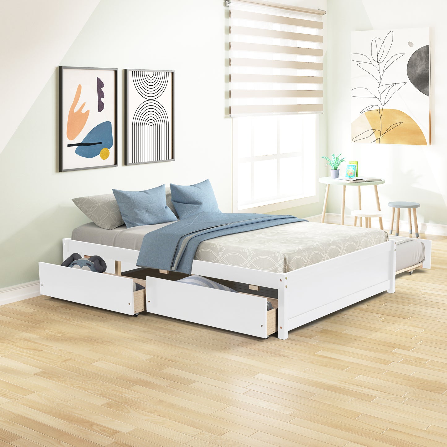 Full Size White Wood Platform Bed with Twin Size Trundle & Two Storage Drawers