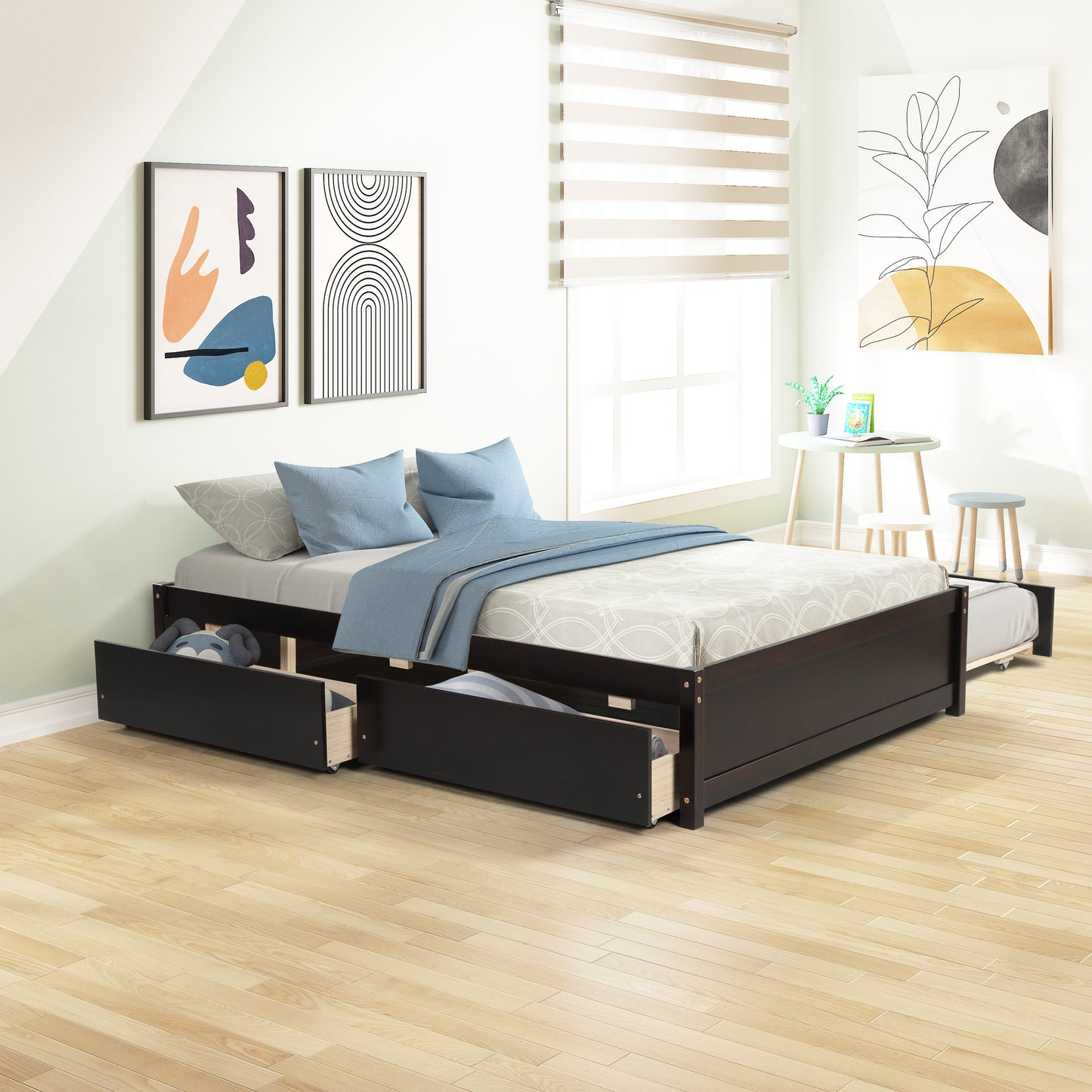 Full Size Espresso Wood Platform Bed with Twin Size Trundle & Two Storage Drawers