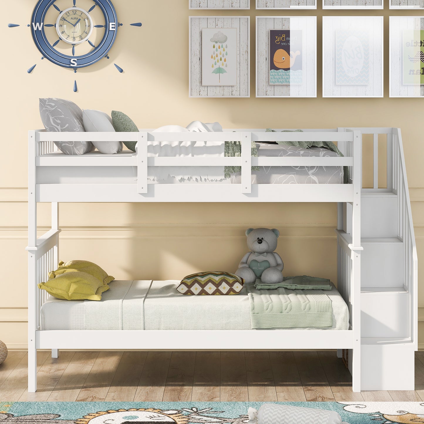 Twin over Twin White Wood Detachable Bunk Bed with Storage in Stairs