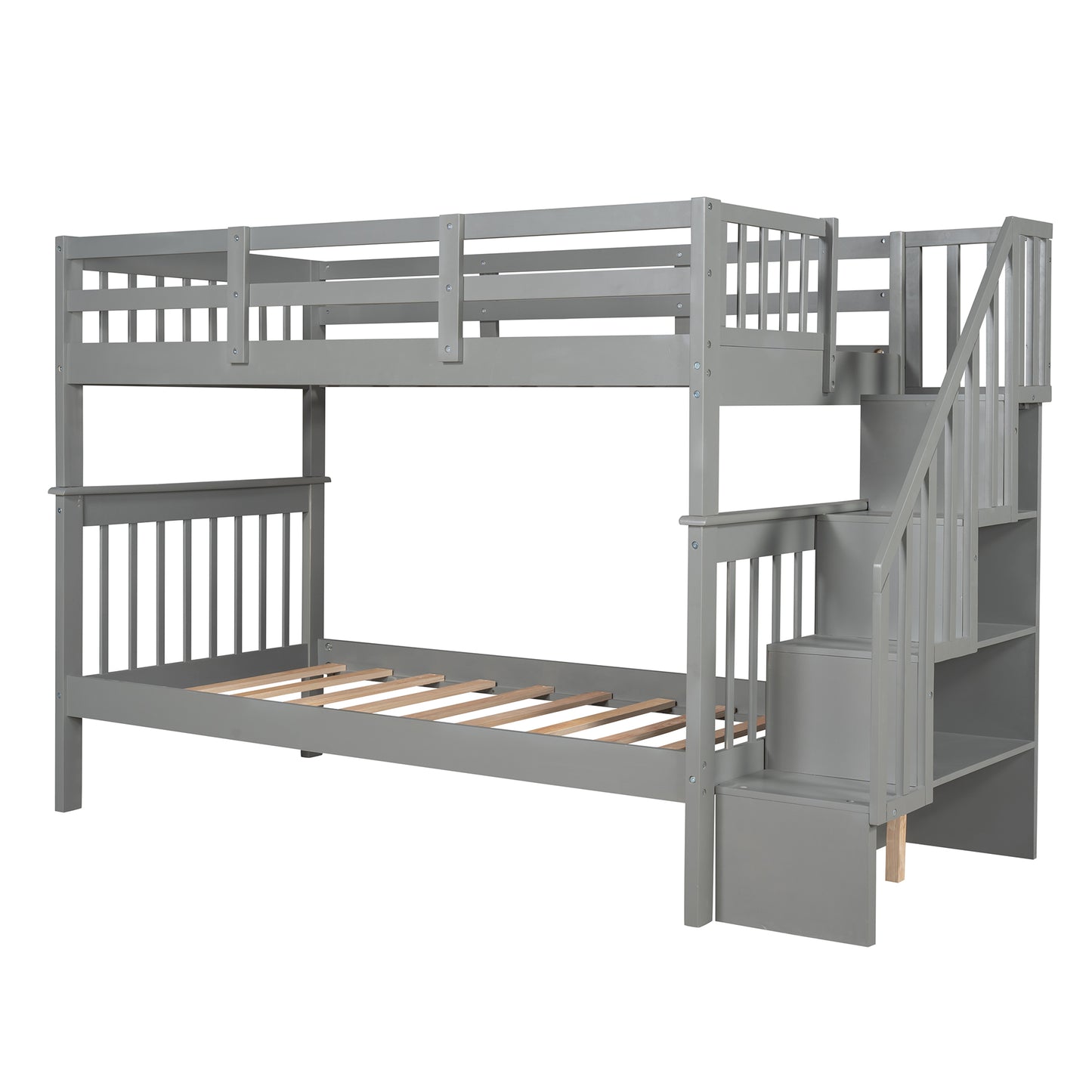 Twin over Twin Gray Wood Detachable Bunk Bed with Storage in Stairs
