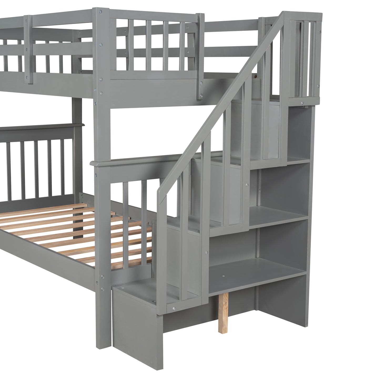 Twin over Twin Gray Wood Detachable Bunk Bed with Storage in Stairs