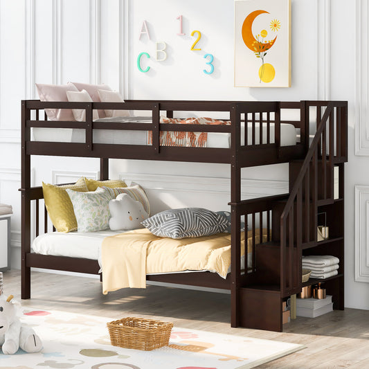 Twin over Twin Espresso Wood Detachable Bunk Bed with Storage in Stairs