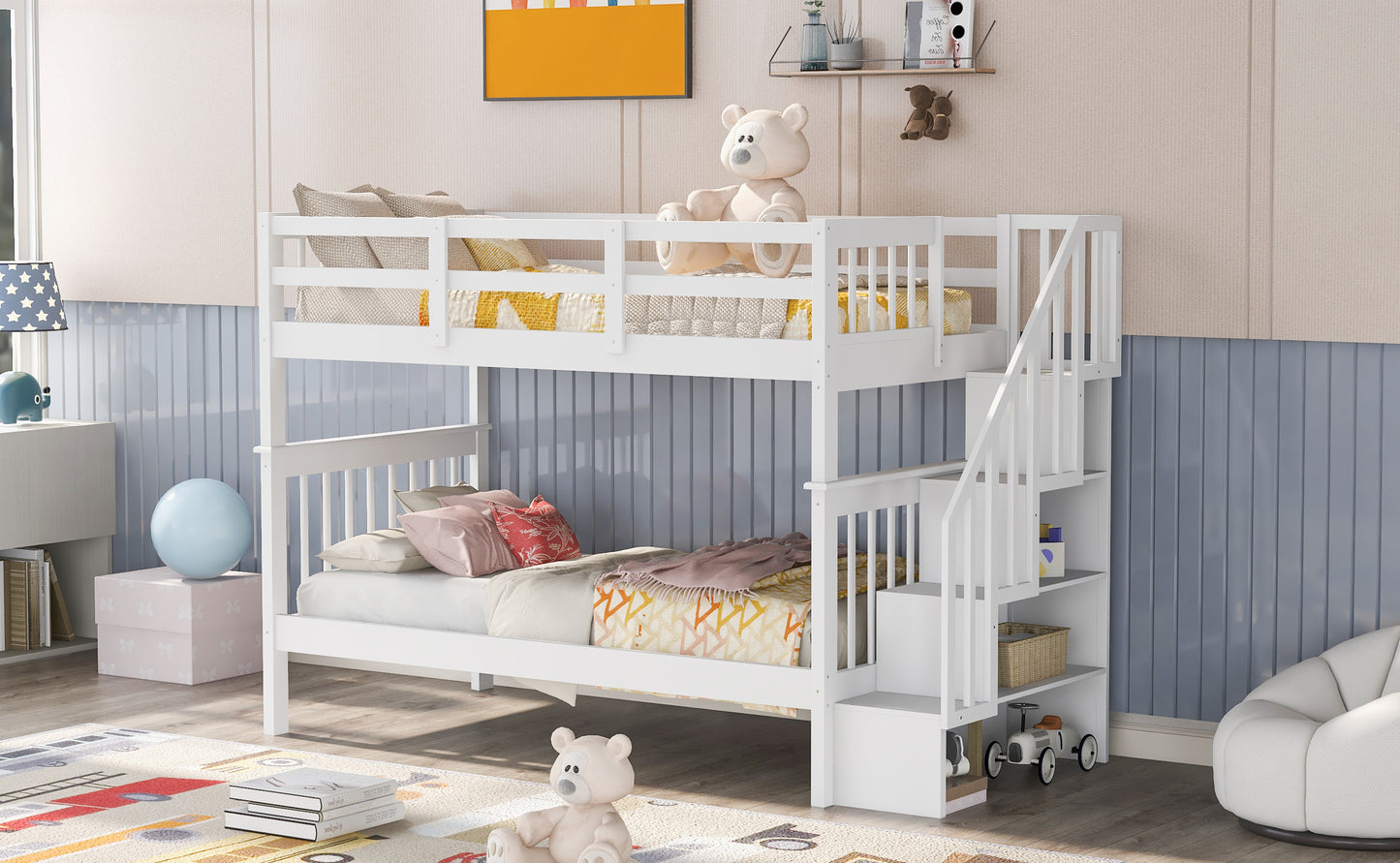Twin over Twin White Wood Detachable Bunk Bed with Storage in Stairs