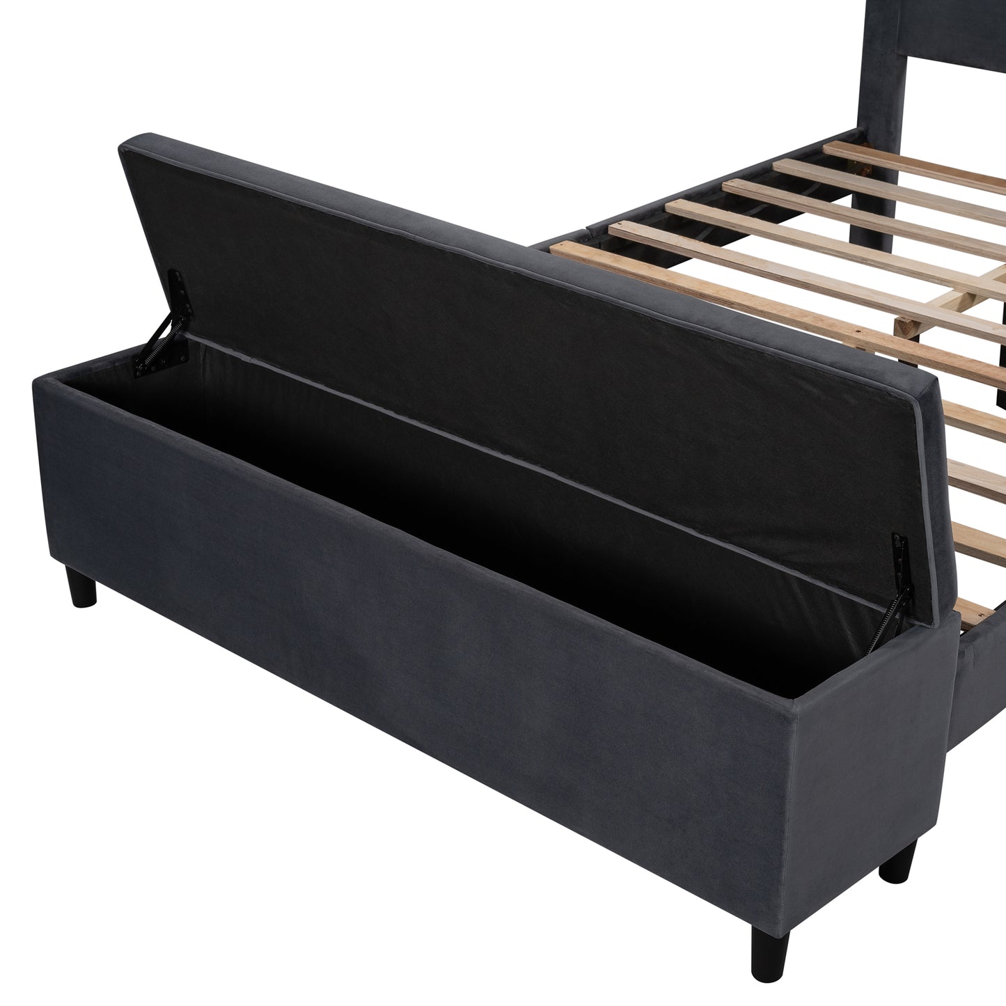 Queen-size Dark Gray Upholstered Platform Bed and Cushioned Ottoman with Storage