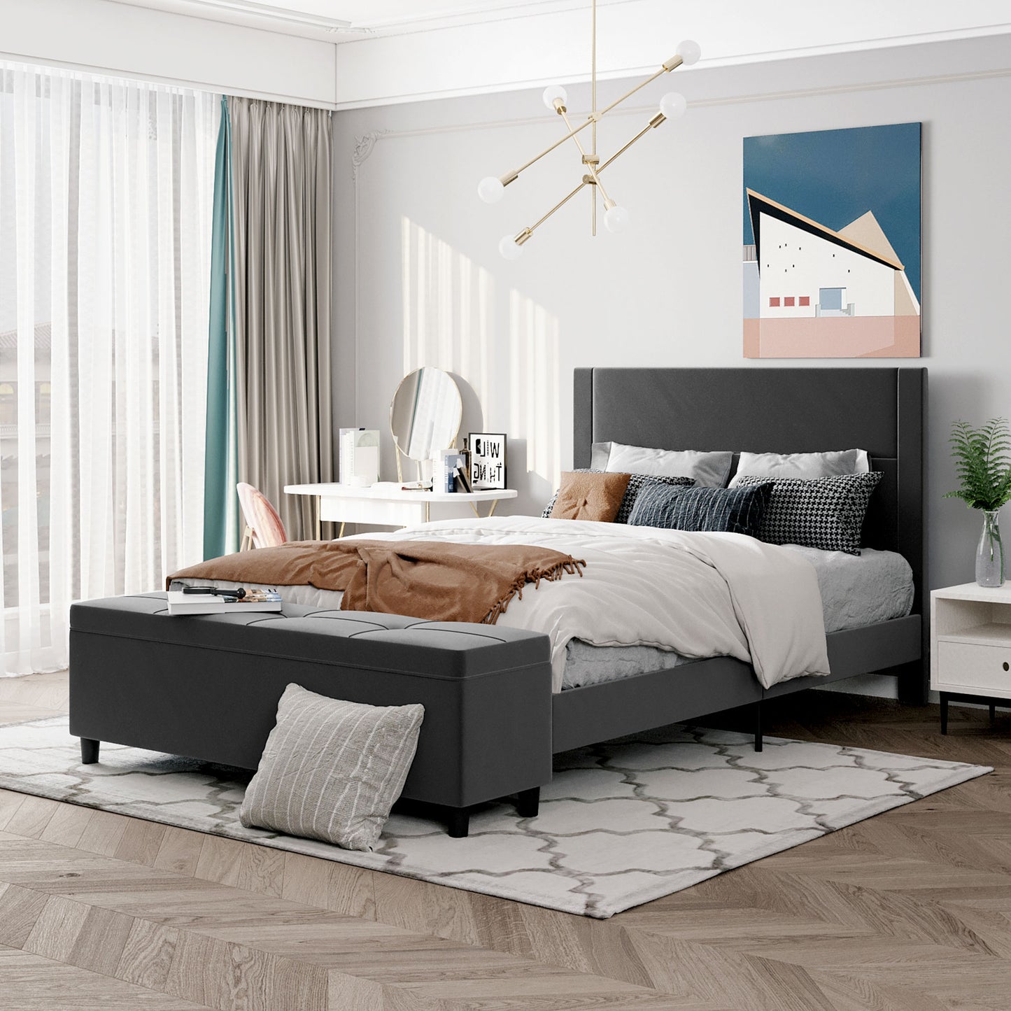 Queen-size Dark Gray Upholstered Platform Bed and Cushioned Ottoman with Storage