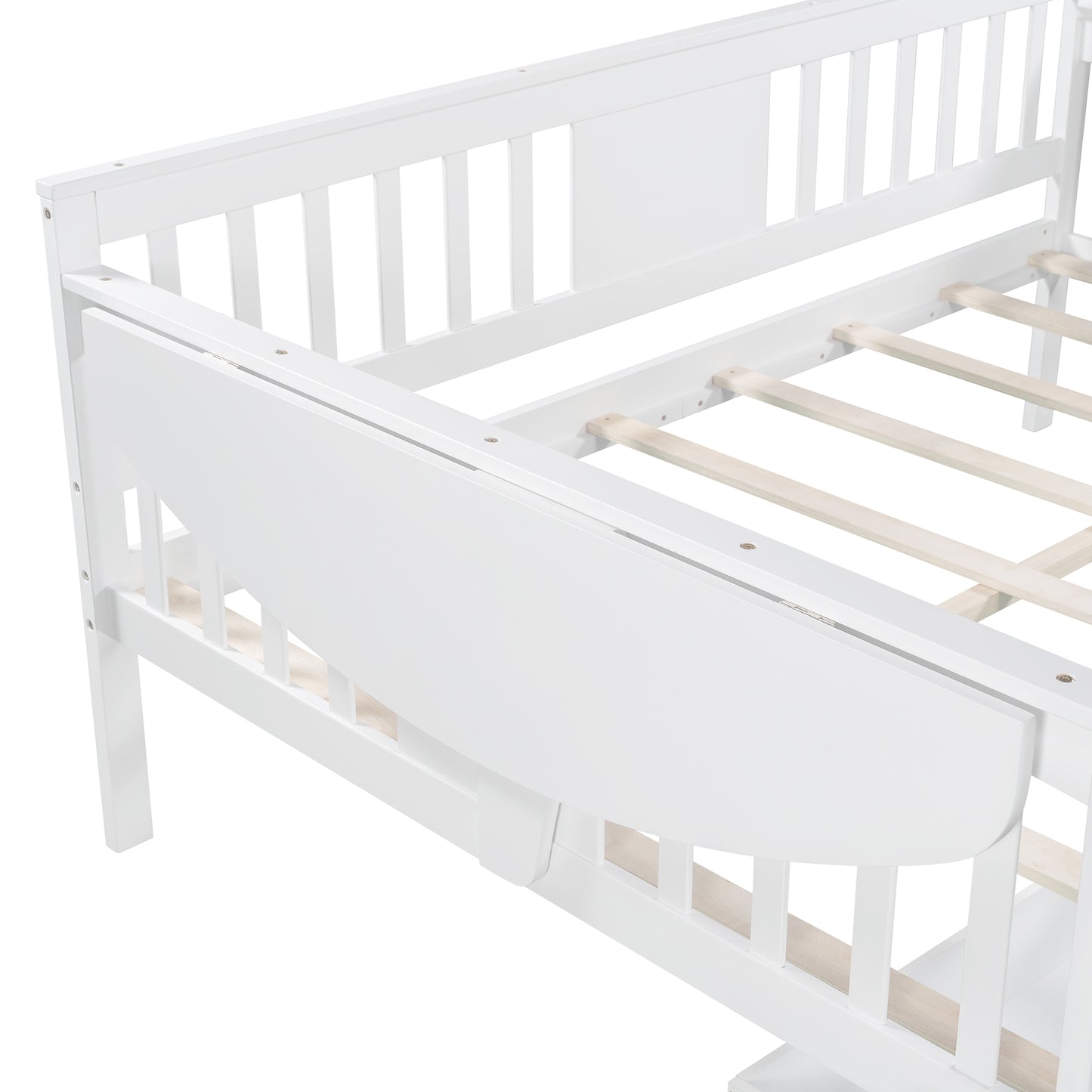 Full-size White Daybed with Two Storage Drawers and Collapsible Side-Tables