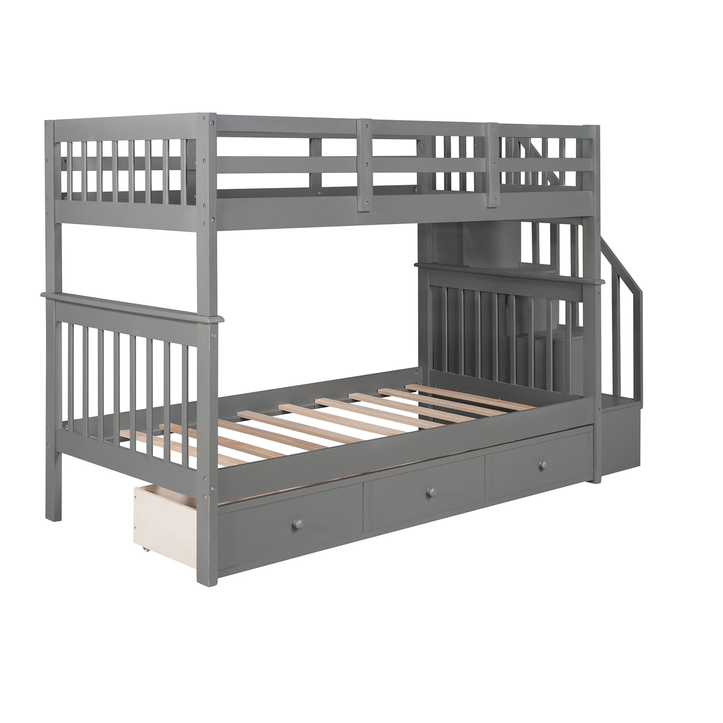 Twin over Twin Gray Wood Detachable Bunk Bed with Storage in Stairs and Three Drawers