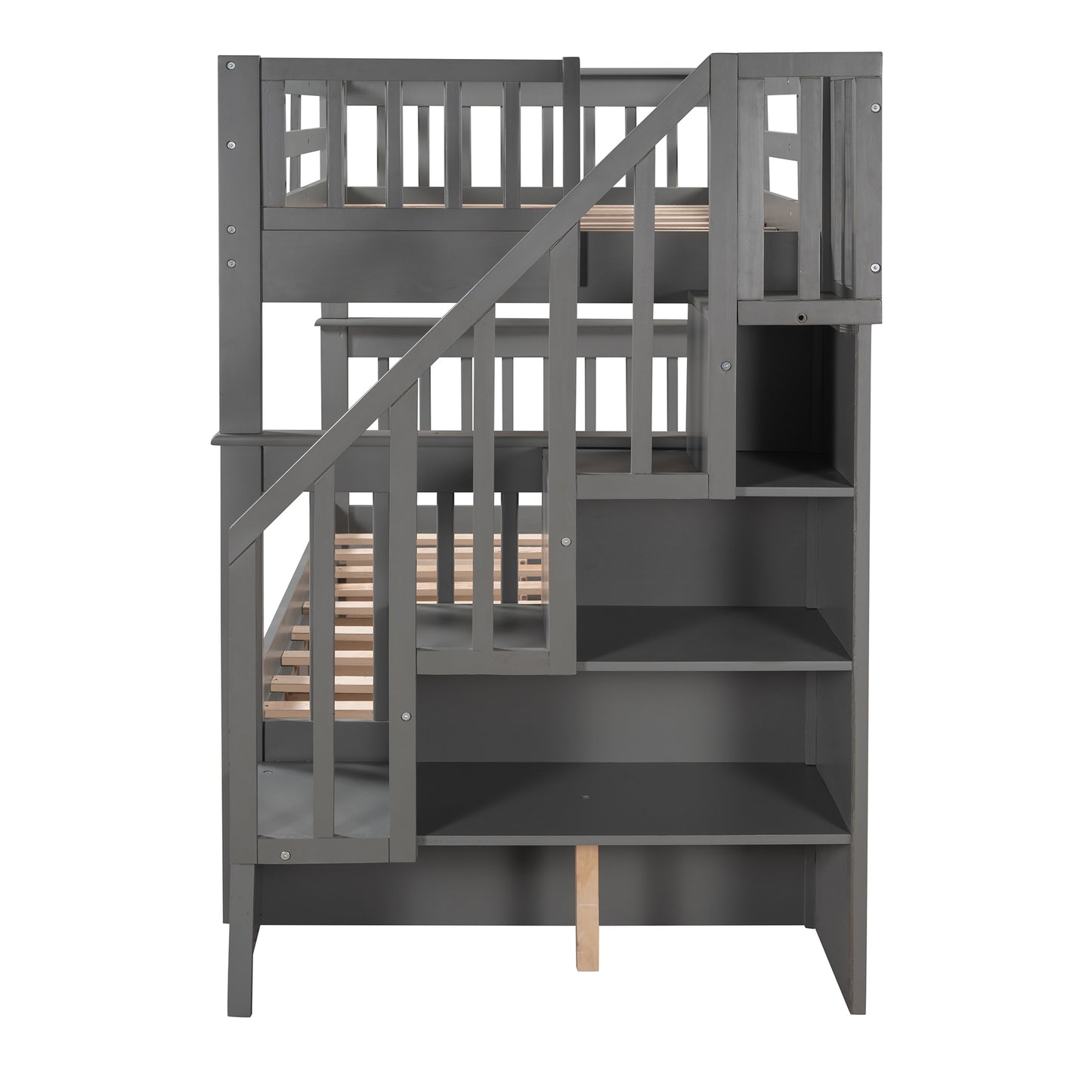 Twin over Twin Gray Wood Detachable Bunk Bed with Storage in Stairs and Three Drawers