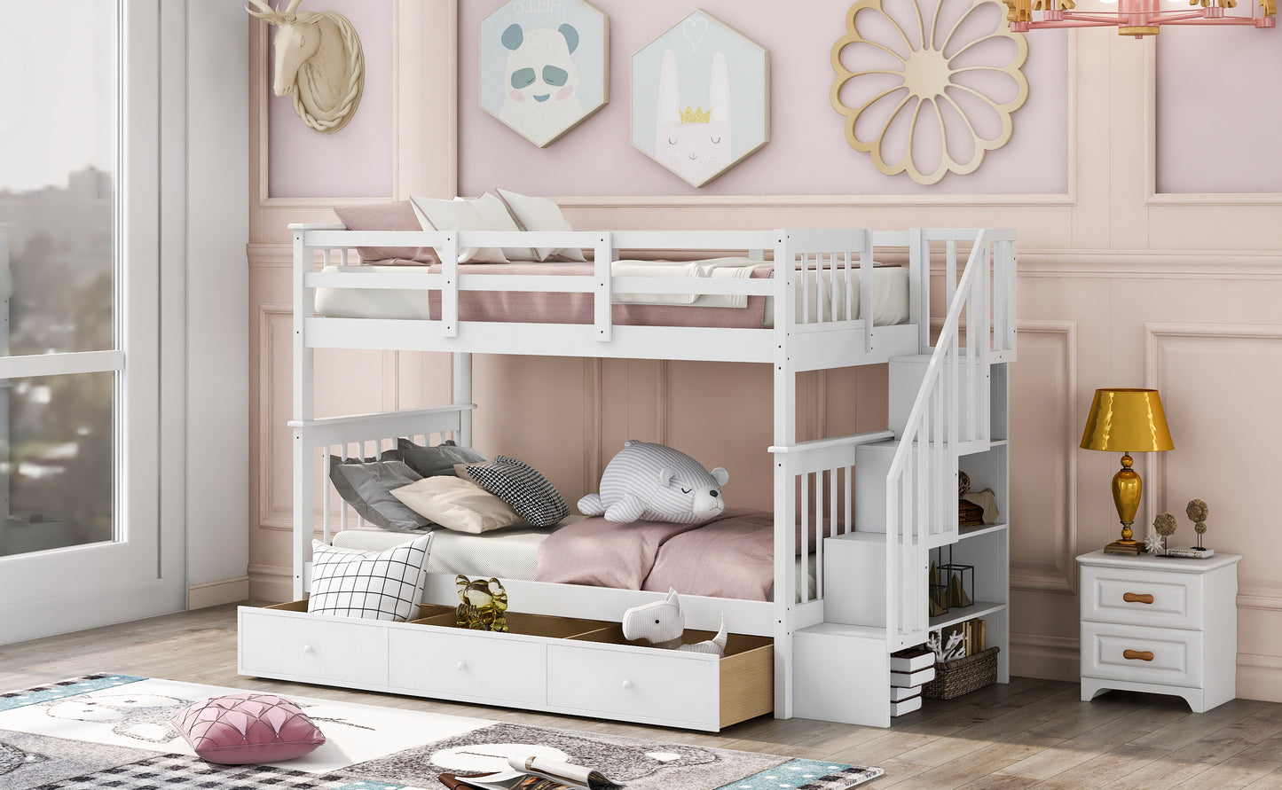 Twin over Twin White Wood Detachable Bunk Bed with Storage in Stairs and Three Drawers