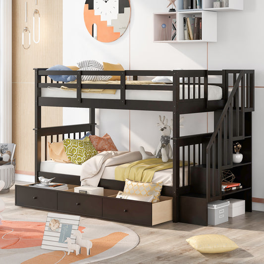 Twin over Twin Espresso Wood Detachable Bunk Bed with Storage in Stairs and Three Drawers