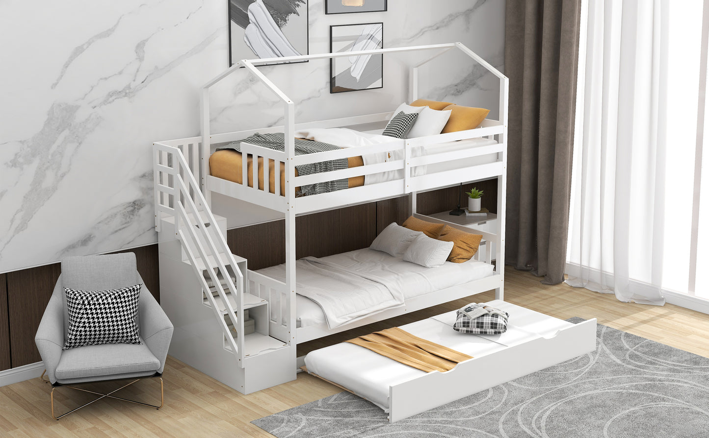 Twin over Twin White Wood House-shaped Bunk Bed with Twin Trundle and Storage in Stairs