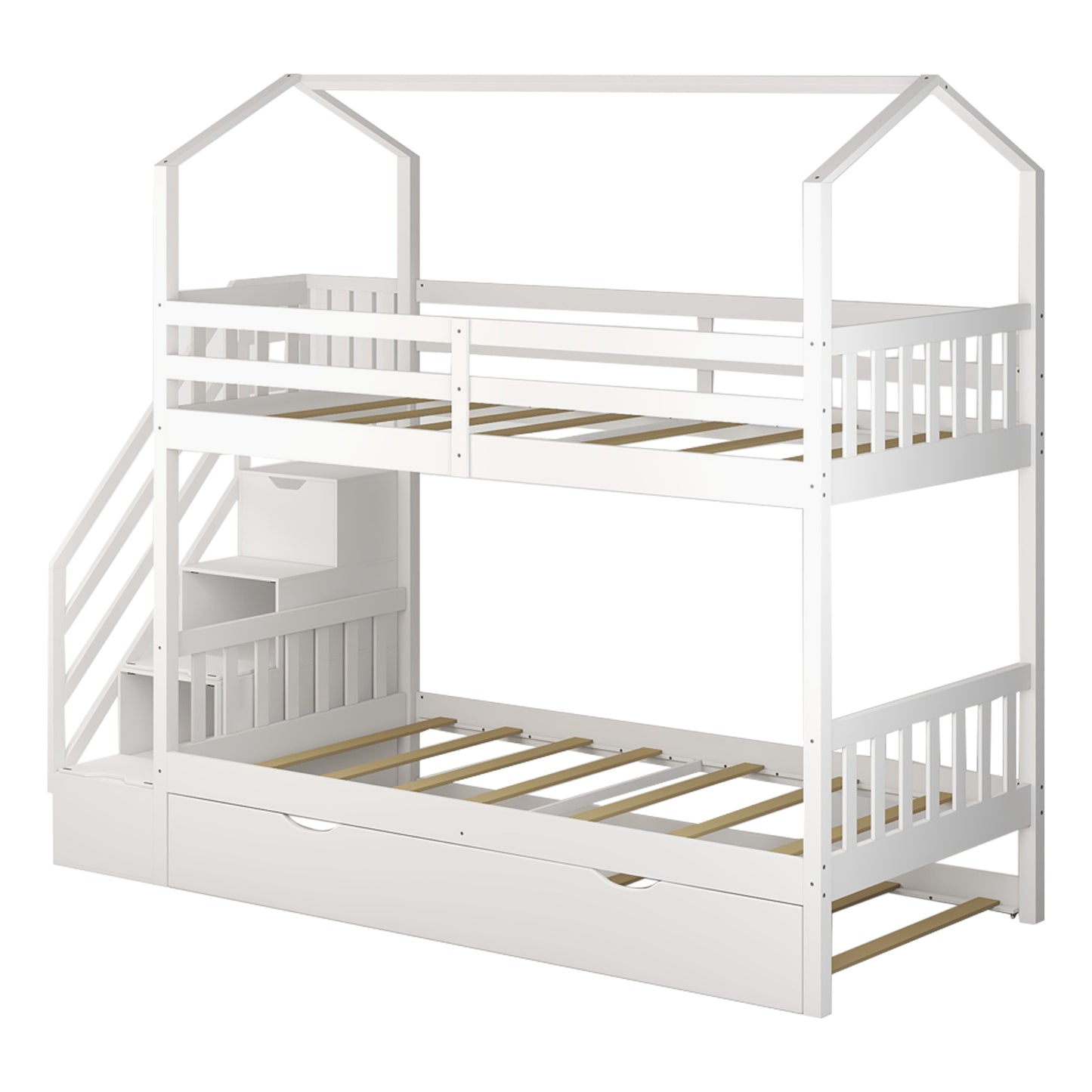 Twin over Twin White Wood House-shaped Bunk Bed with Twin Trundle and Storage in Stairs