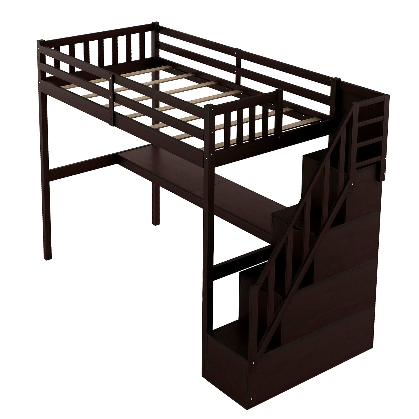 Twin-size Wood Espresso High Loft Bed with Desk, and Storage in Stairs