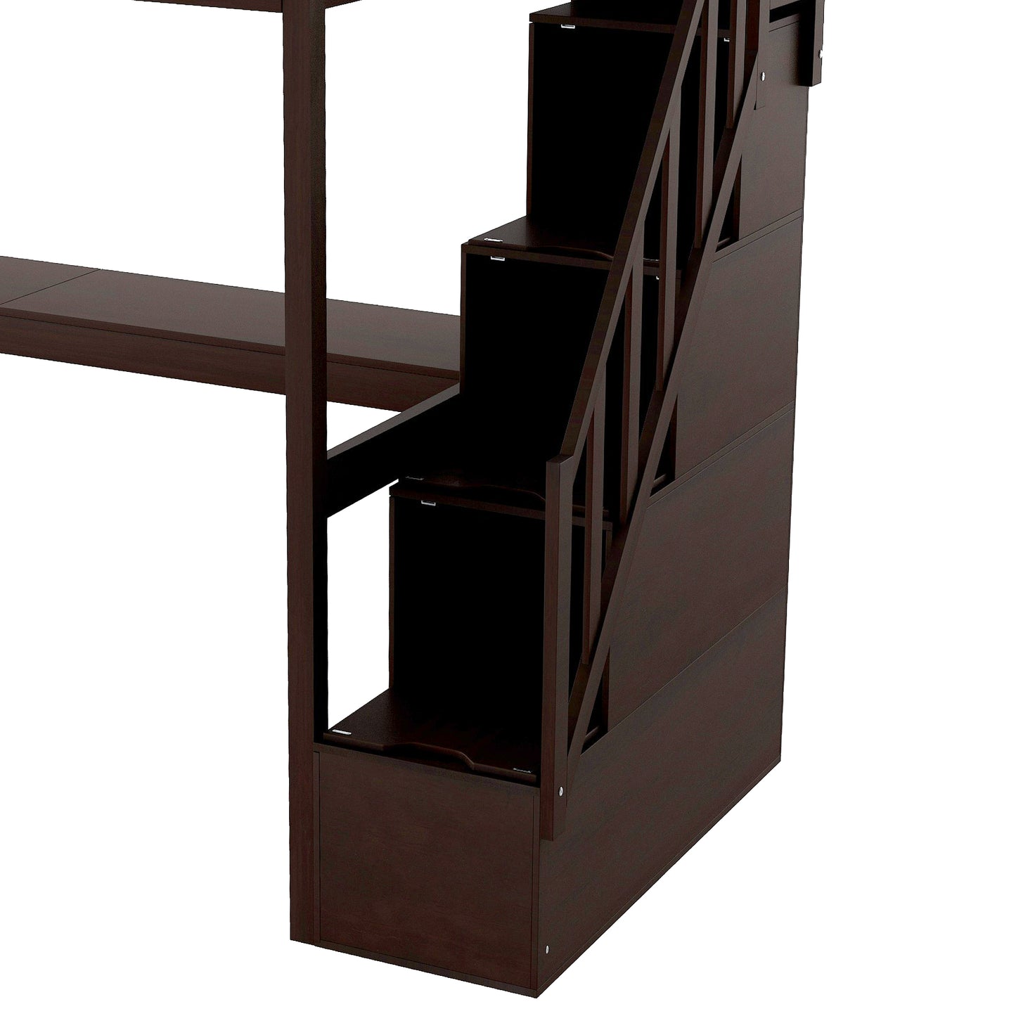 Twin-size Wood Espresso High Loft Bed with Desk, and Storage in Stairs