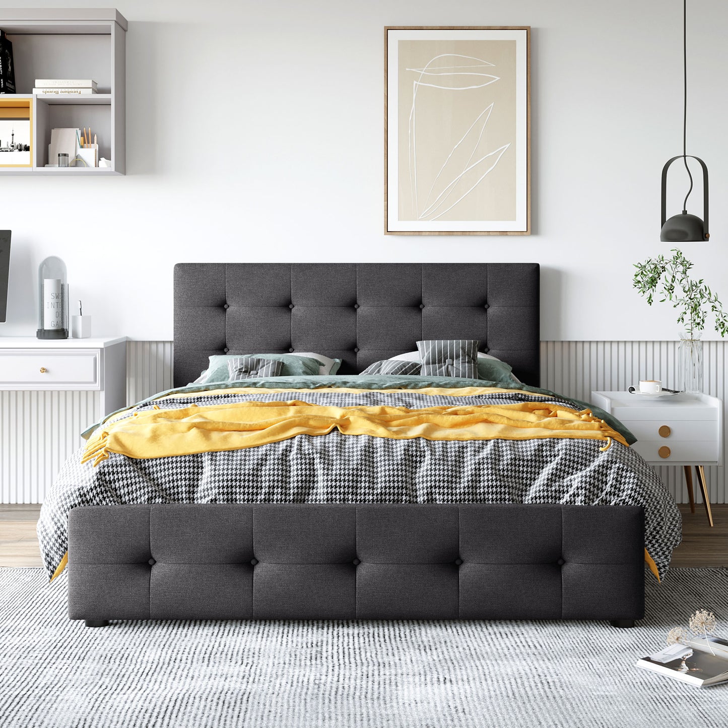 Queen-size Dark Gray Upholstered Platform Bed with Four Storage Drawers