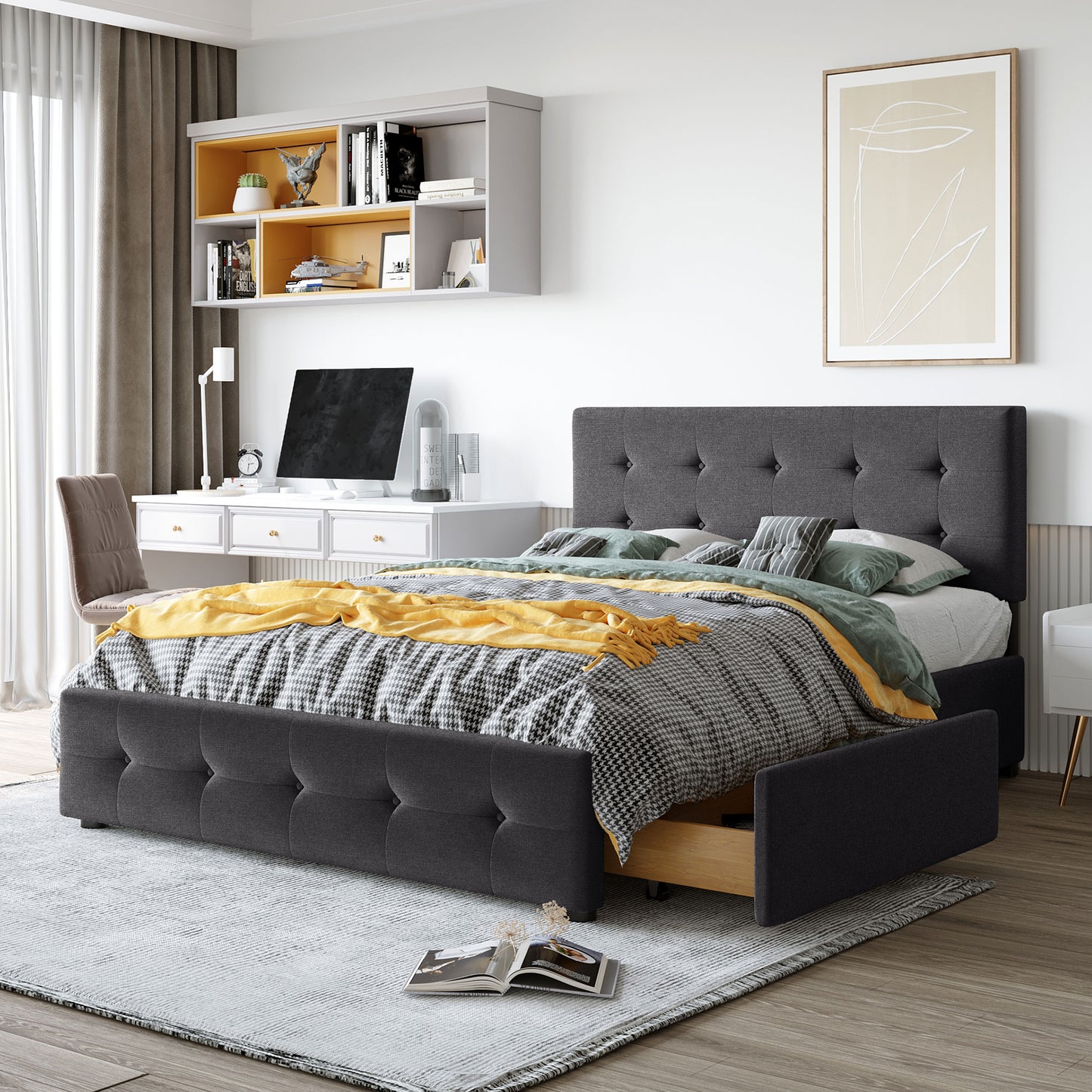 Queen-size Dark Gray Upholstered Platform Bed with Four Storage Drawers