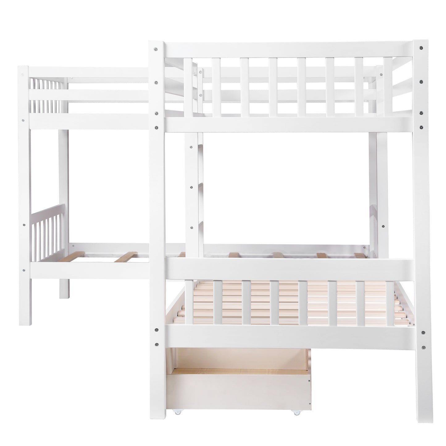 Twin over Twin L-Shaped White Quadruple Wood Bunk Bed with Storage Drawers and Ladder