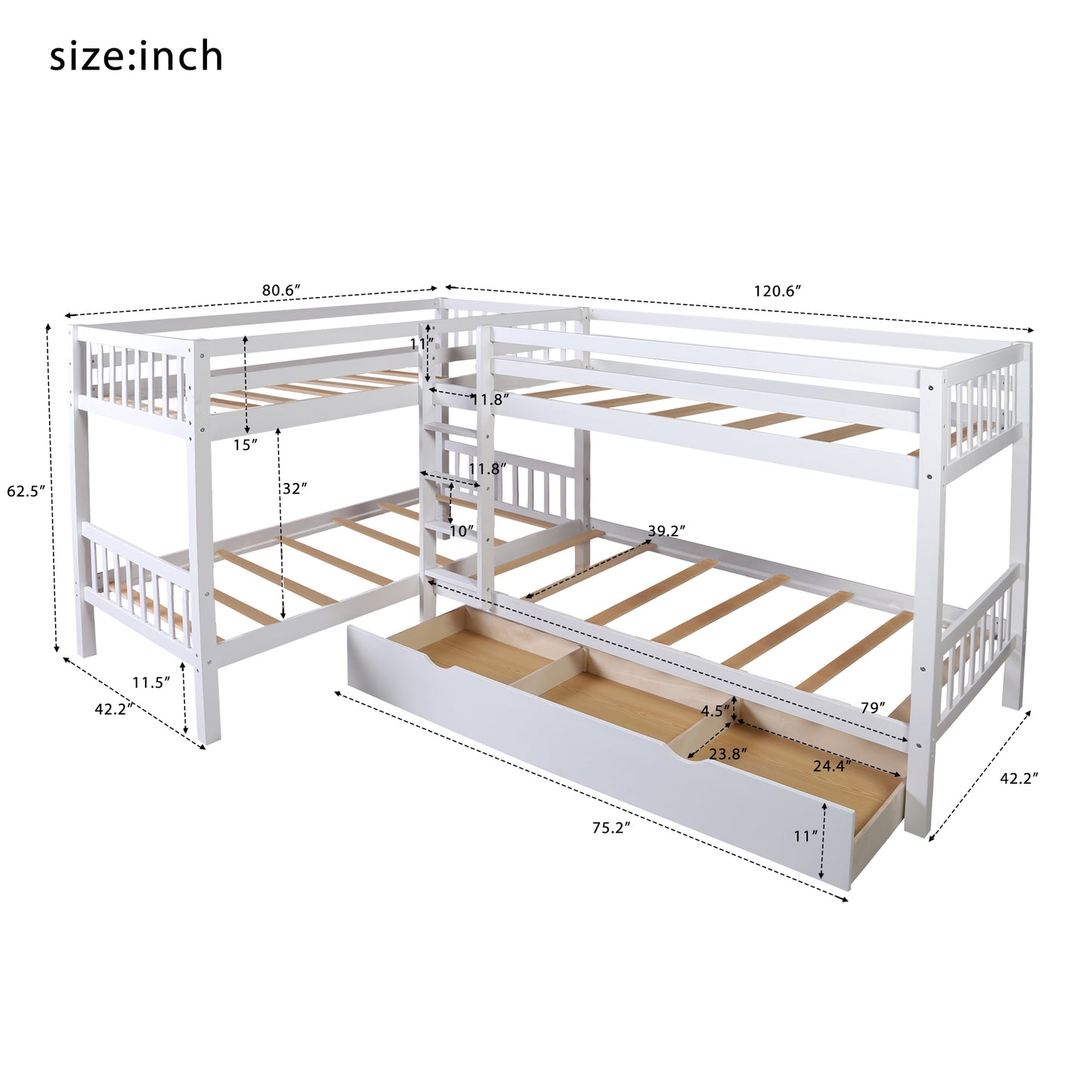 Twin over Twin L-Shaped White Quadruple Wood Bunk Bed with Storage Drawers and Ladder