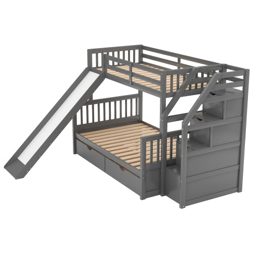 Twin over Full Gray Pinewood Bunk Bed with Slide, Staircase and Storage Drawers