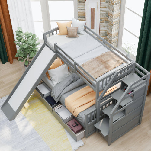 Twin Over Full Gray Pinewood Bunk Bed With Slide, Staircase And Storag –  Homedaybed