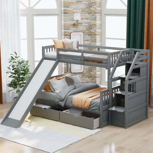 Twin over Full Gray Pinewood Bunk Bed with Slide, Staircase and Storage Drawers