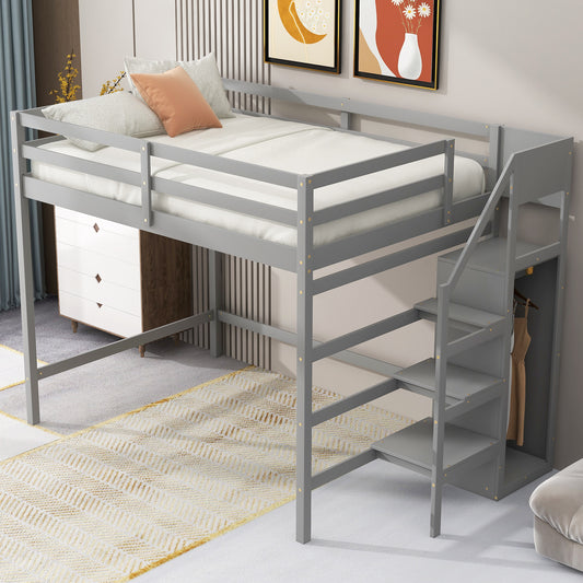 Full Size Loft Bed with Built-in Storage Wardrobe and Staircase, Gray